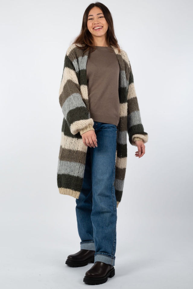 Kala Cardigan Long - Army/Beige Stripes