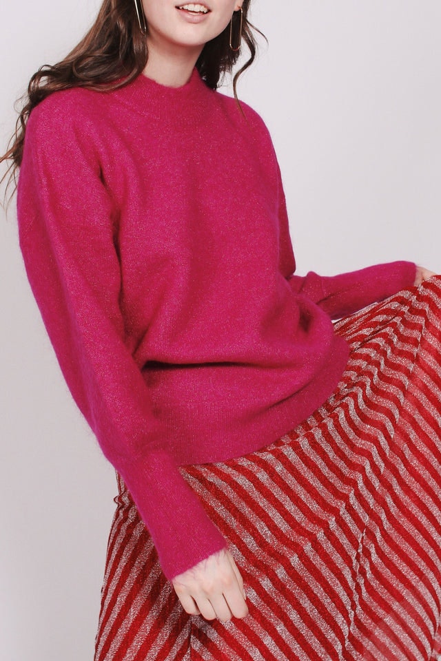 Minelli Knit Loose O-Neck - Fuchsia Red - Second Female - Gensere - VILLOID.no