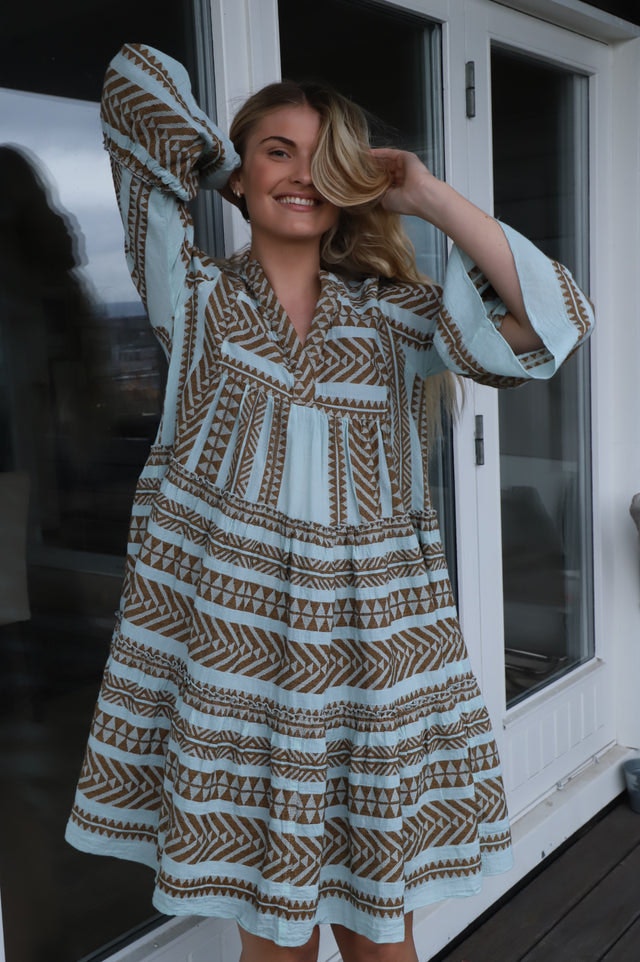 Ella Midi Dress - Brown-Black/Light Blue