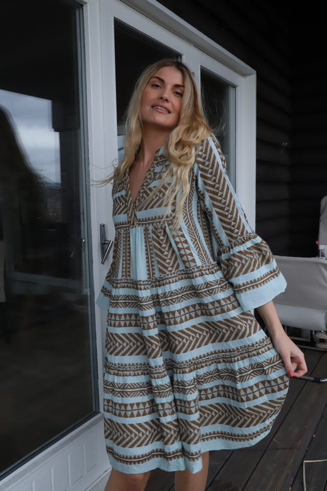 Ella Midi Dress - Brown-Black/Light Blue