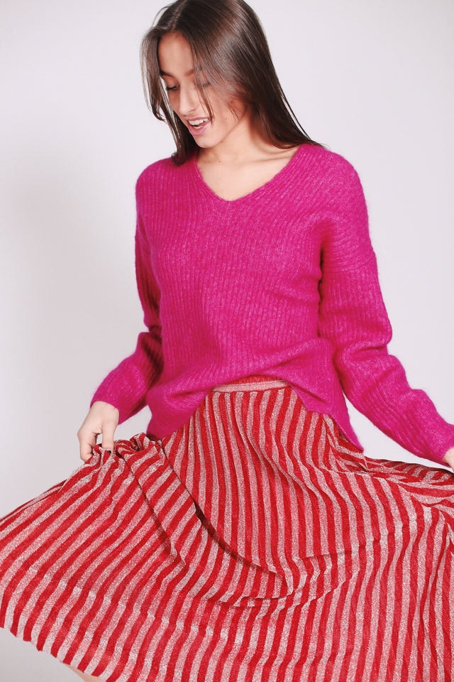 Aloa Knit V-neck - Fuchsia Red - Second Female - Gensere - VILLOID.no