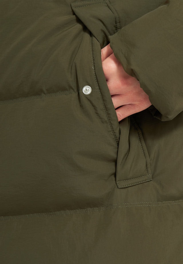 Long Hooded Puffer Jacket - Olive/Orange