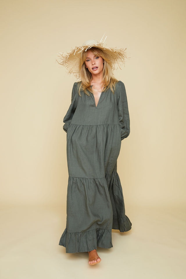 Muse Linen Dress - Army