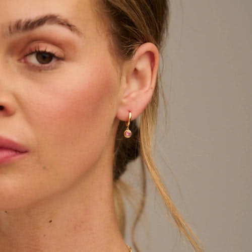 October Birthstone Huggie Hoop Earrings With Swarovski Crystals - Rose