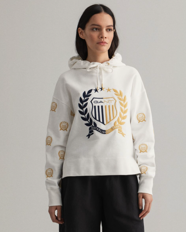 D1. Crest Embroidery Sweat Hoodie - Eggshell