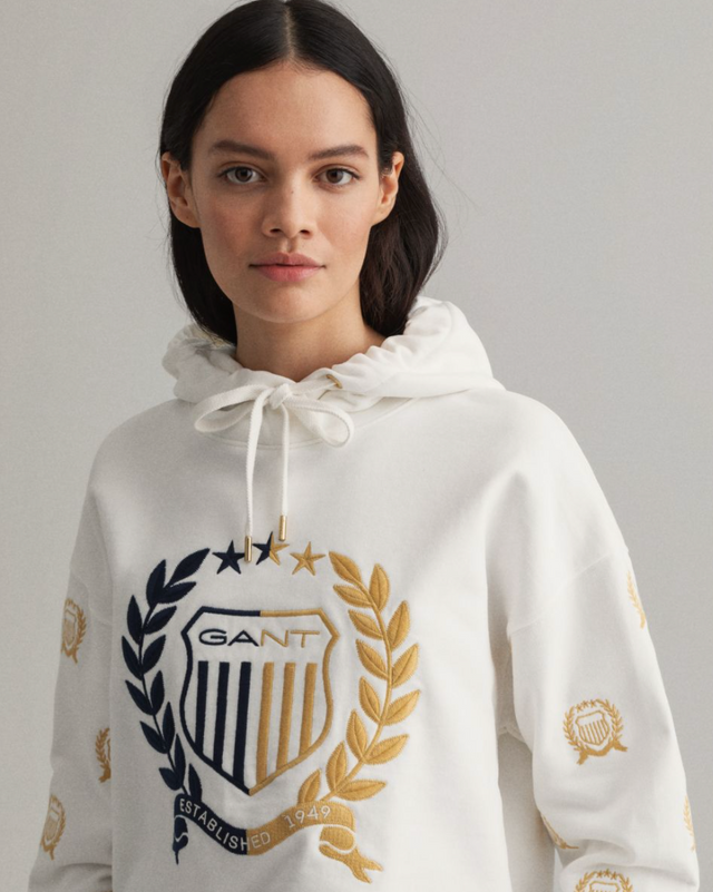 D1. Crest Embroidery Sweat Hoodie - Eggshell