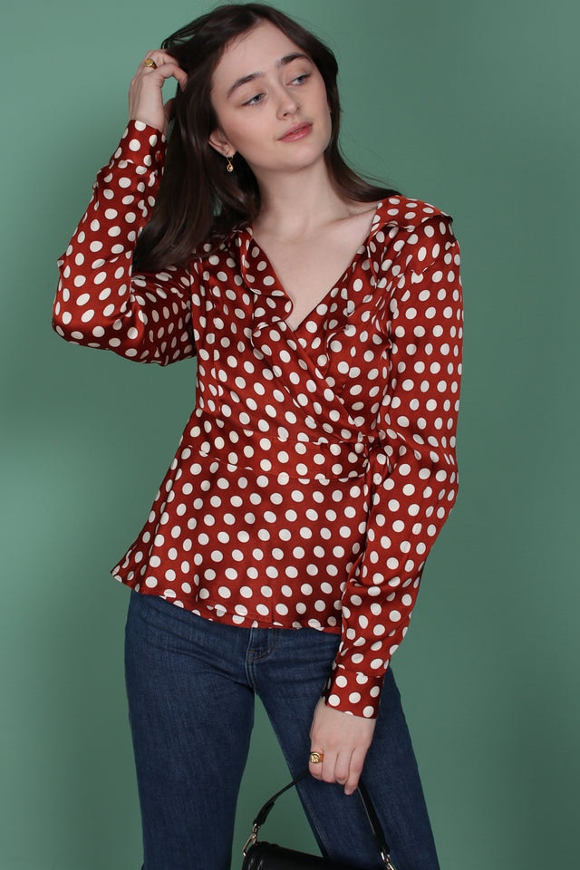 Spotty Wrap Blouse - Rustic Brown - Second Female - Bluser & Skjorter - VILLOID.no