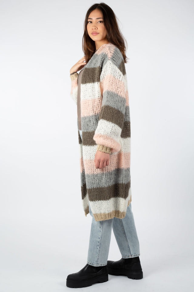 Kala Cardigan Long - Olive Green/Rose Stripes