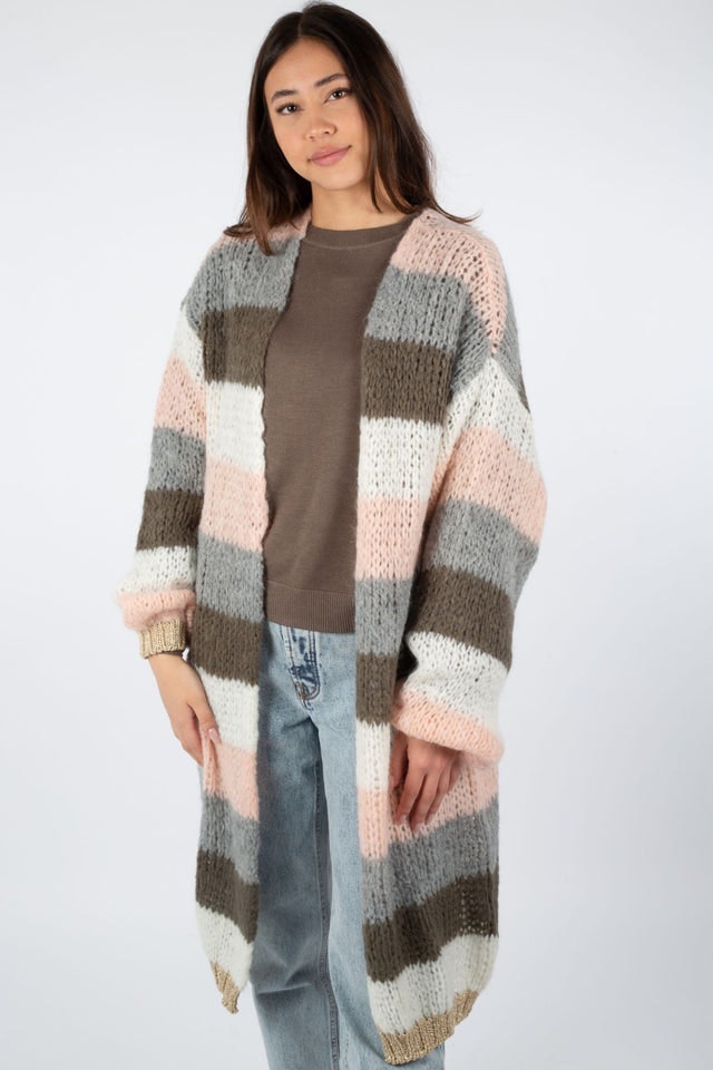Kala Cardigan Long - Olive Green/Rose Stripes