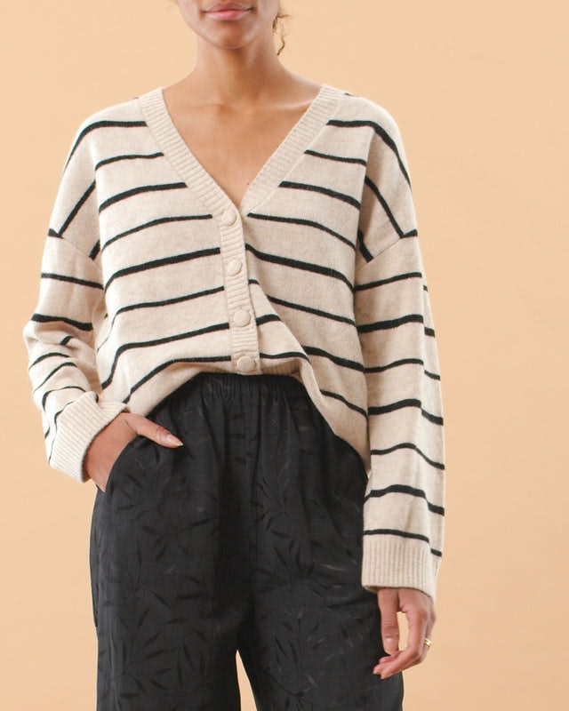 Merino Knit Cardigan - Beige Stripe