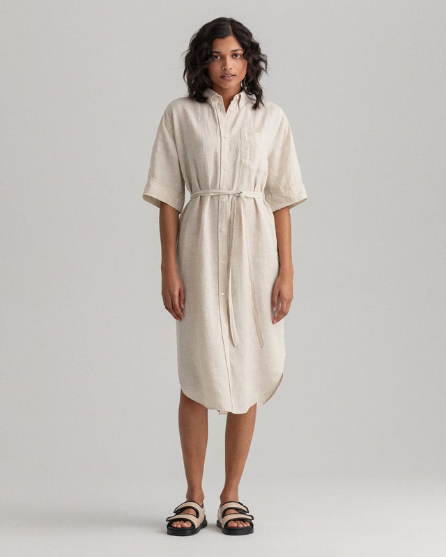 D2. Linen Chambray Shirt Dress - Desert Beige