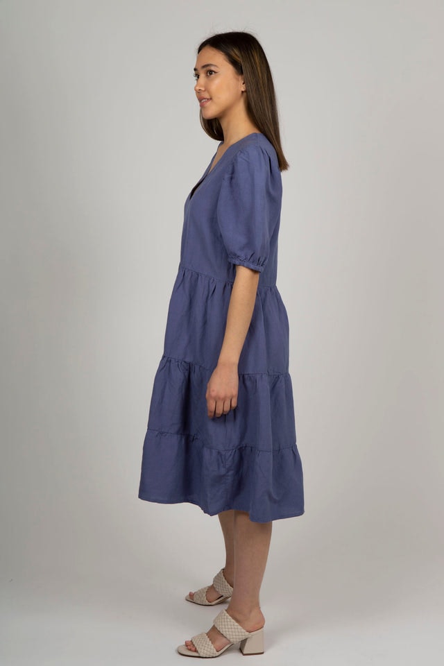 Linen V-Neck Dress - Shaded Blue
