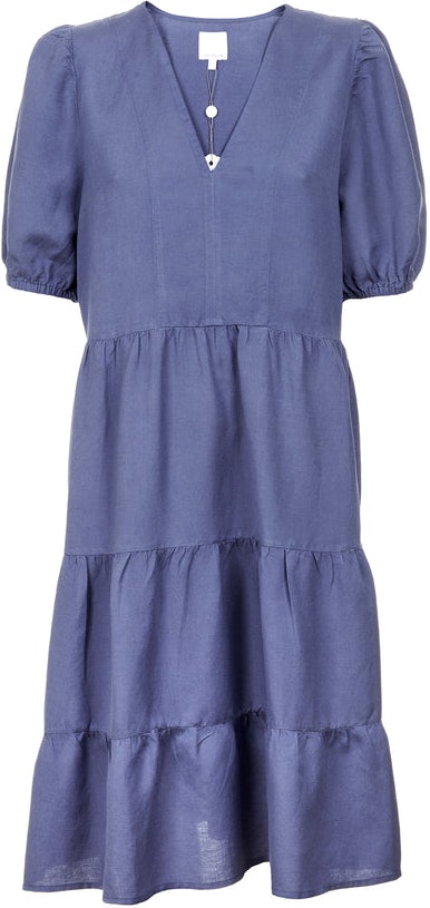 Linen V-Neck Dress - Shaded Blue