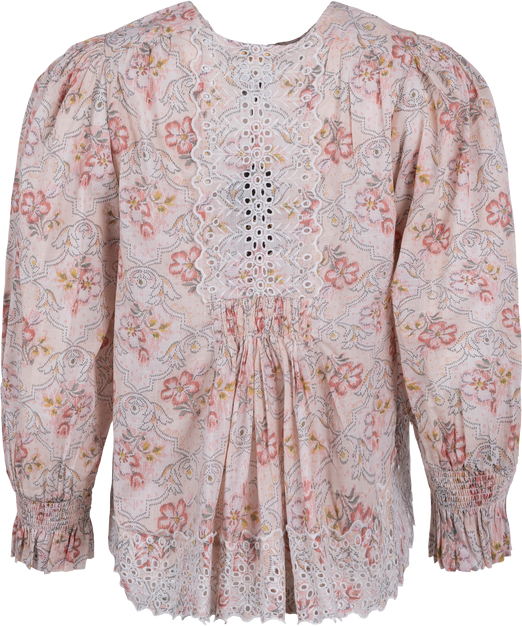 Cotton Slub Puff Sleeve Blouse - Pink Flower