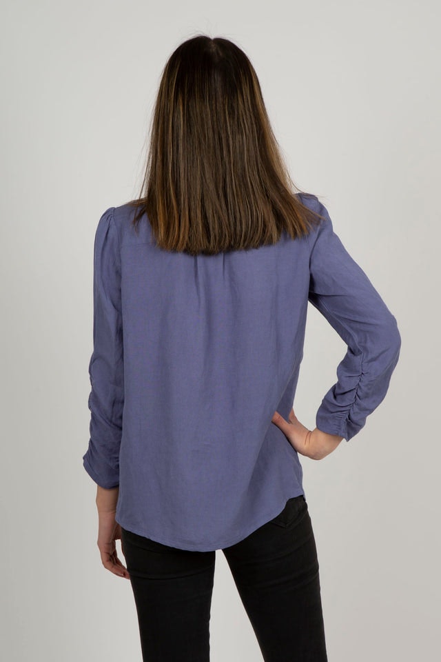 Linen Blouse with Ruffles - Shaded Blue