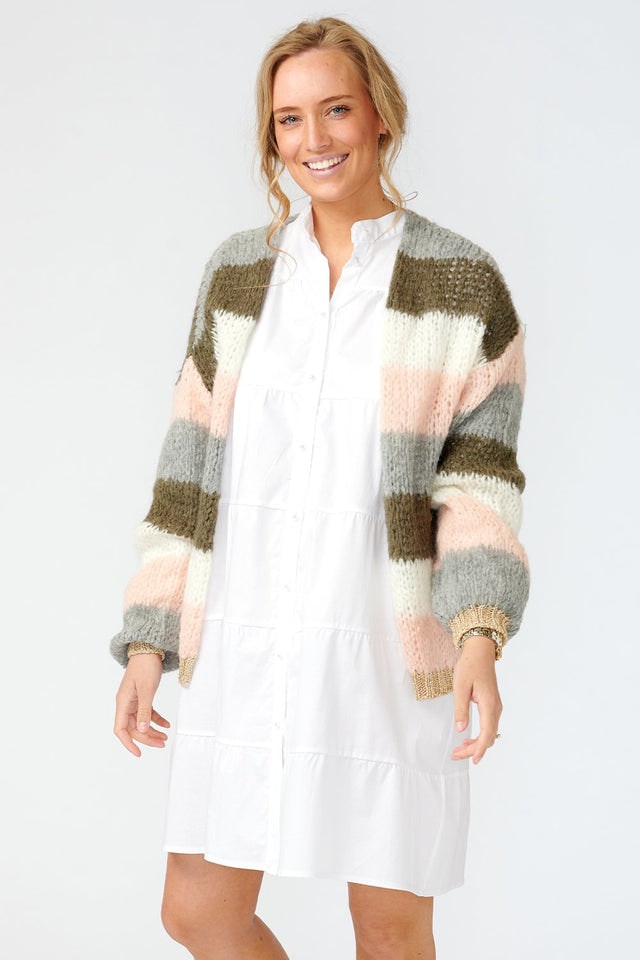 Kala Knit Cardigan Wool - Olivegreen/Rose Stripes